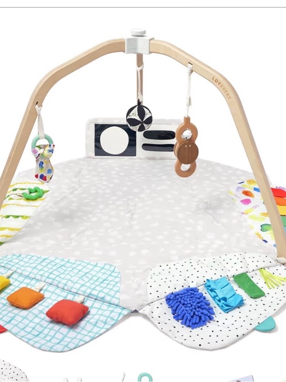Lovevery Baby Play Gym with Gray Activity Mat and Hanging Toys